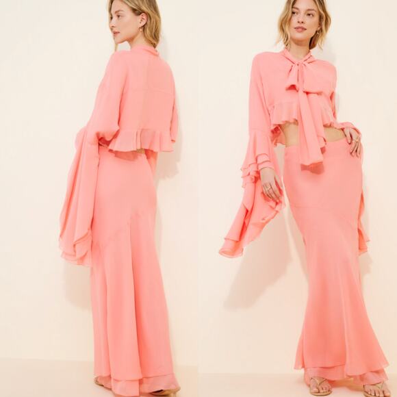 For Love & Lemons Joana Crop Top Coral | Ruffle Bell Sleeve Tie Neck, S, $229 - Picture 6 of 12